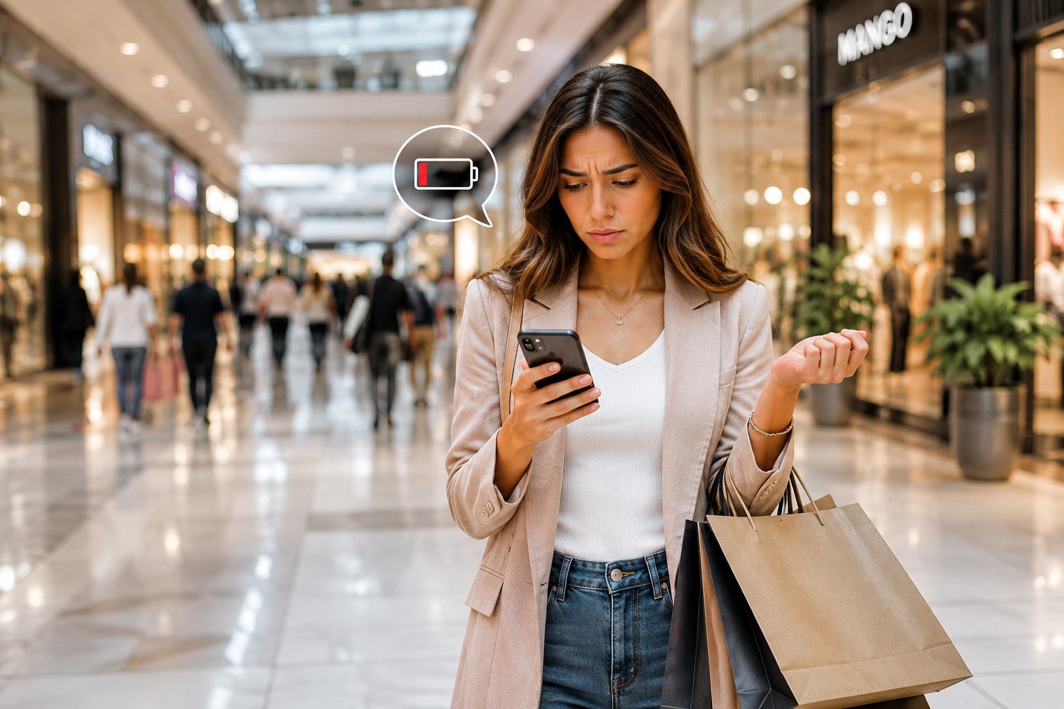 Shopper frustrated by a low phone battery